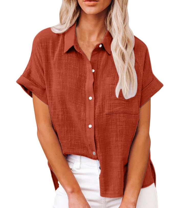 Rust orange button-front blouse with collared neckline and front pocket