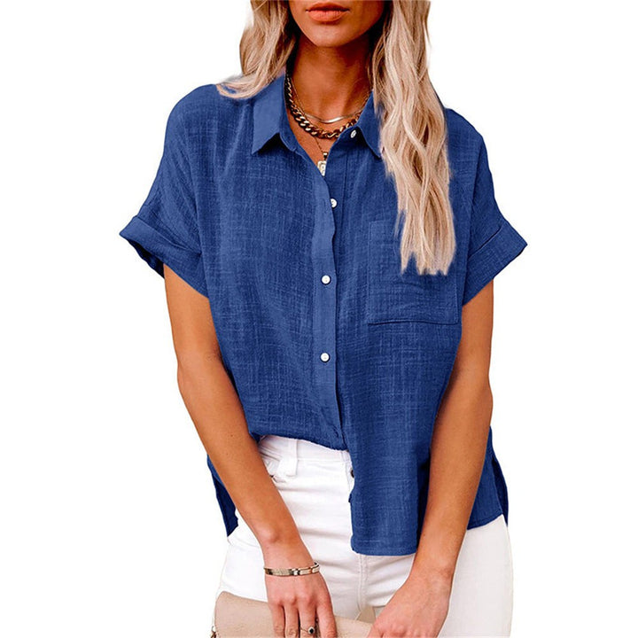 Navy blue linen-blend shirt with rolled sleeves and chest pocket