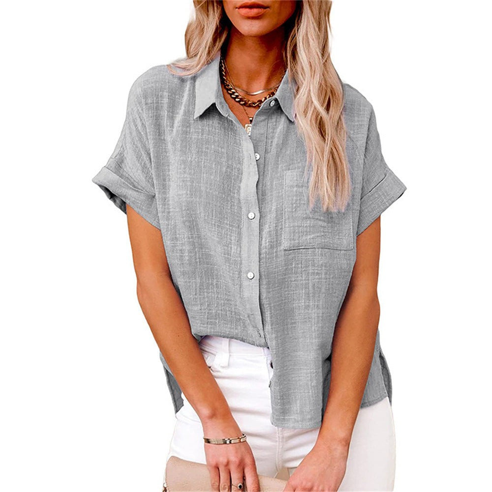 Gray linen-style button-up shirt with front pocket and relaxed fit