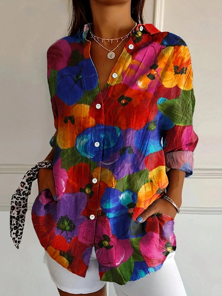 button-front blouse with vivid poppy and tulip floral print