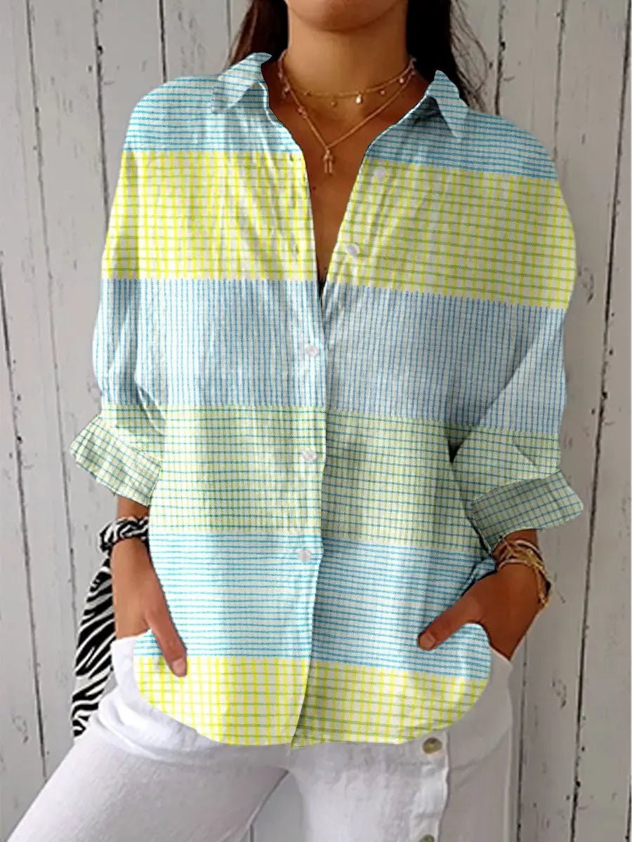 Yellow and blue color-block button-front blouse with pastel grid pattern