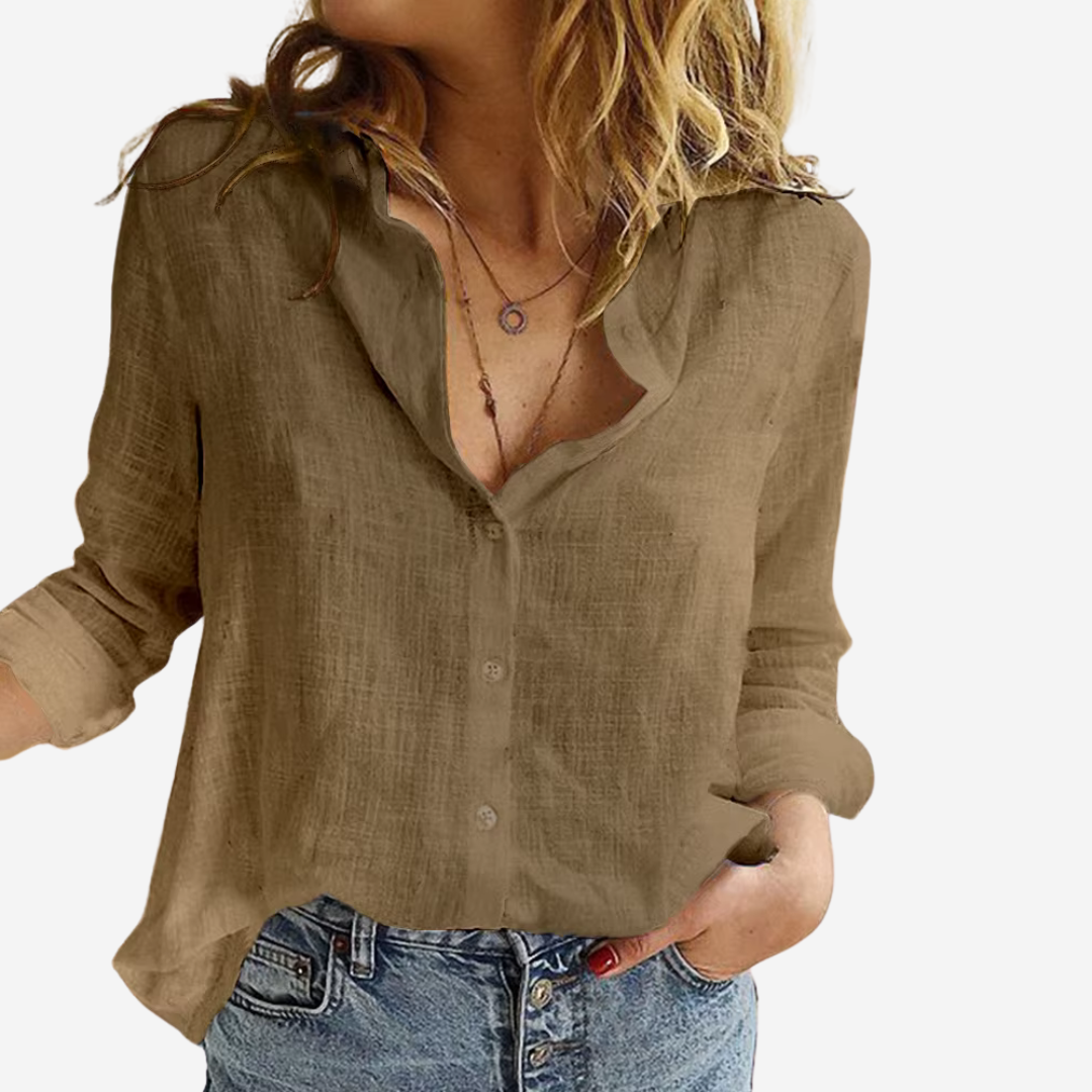khaki linen-blend button-front blouse with V-neck collar and long sleeves