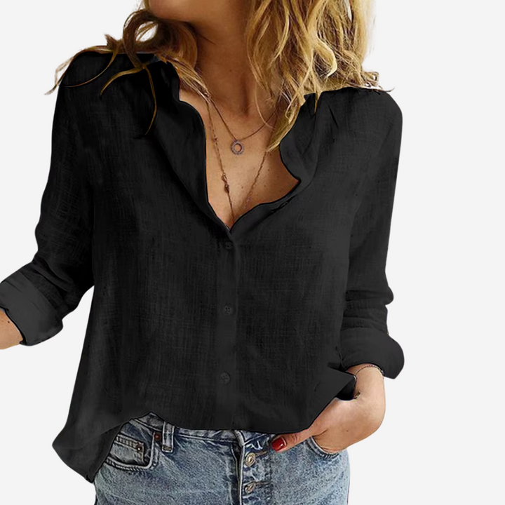 black linen-blend blouse featuring button front and relaxed V-neck collar