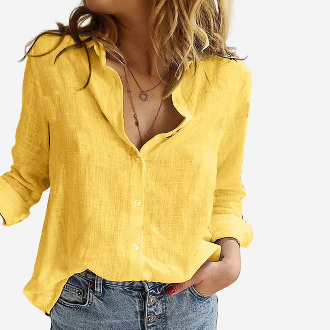 yellow linen-blend blouse with button front and rolled long sleeves