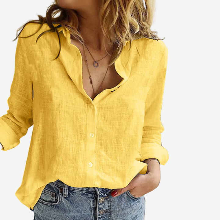 yellow linen-blend blouse with button front and rolled long sleeves