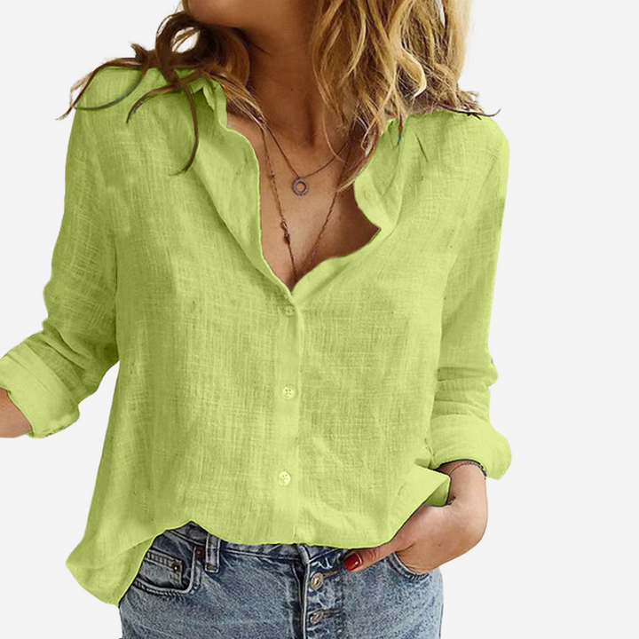 lime green linen-blend button-up blouse with open collar and long sleeves