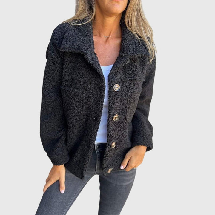 Charcoal button-front sherpa fleece jacket with patch pockets and collared neckline