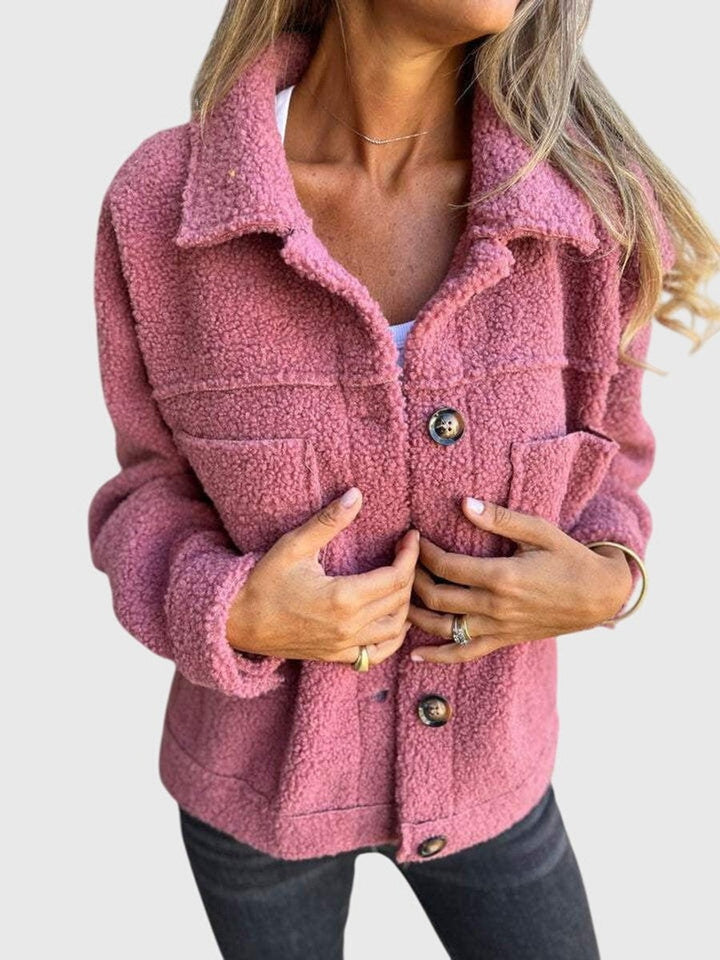 Dusty pink sherpa fleece coat with oversized collar and button detailing