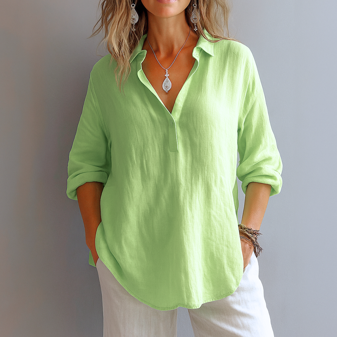 Lime green linen blouse with button placket and long sleeves