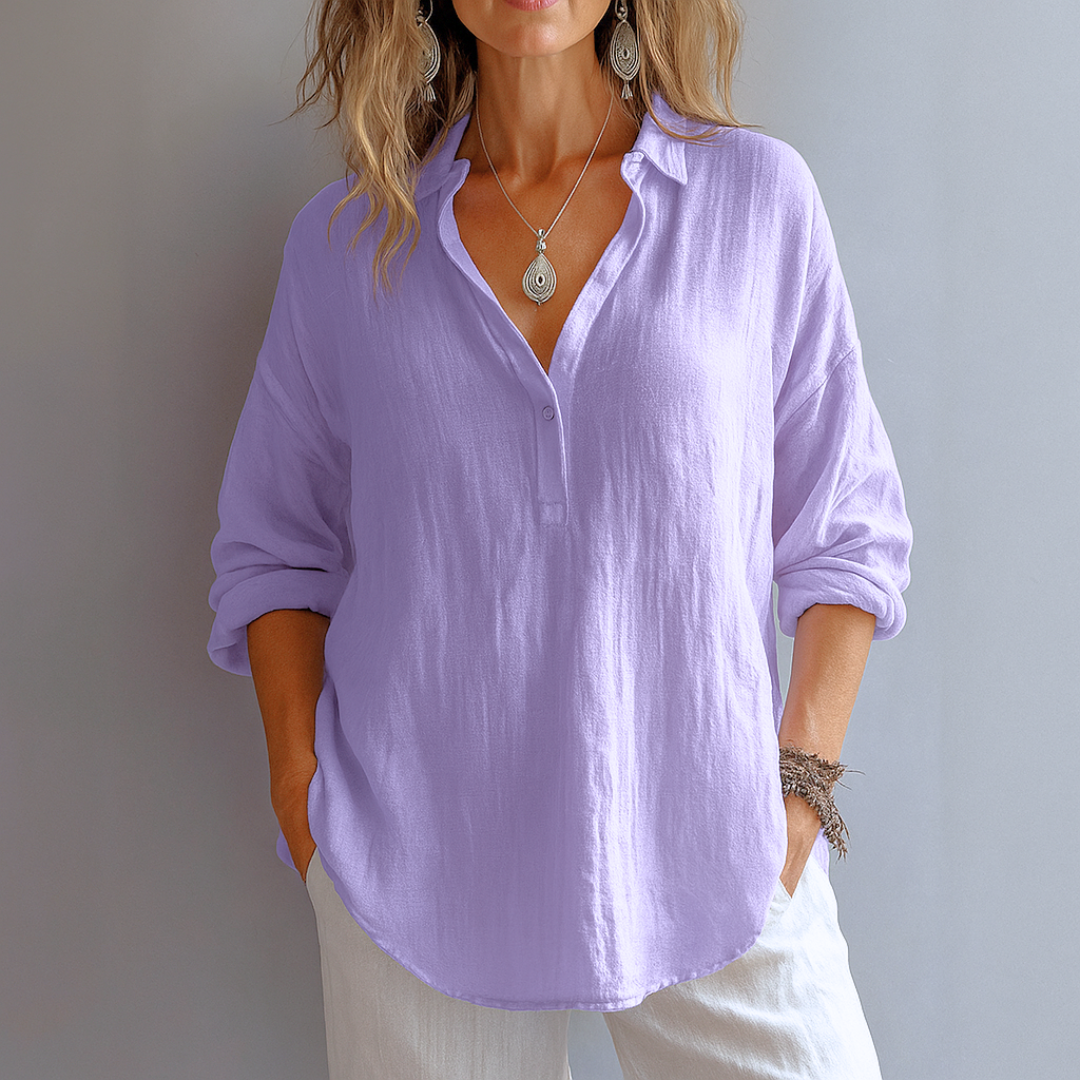 Lavender linen blouse with collared V-neck and oversized silhouette