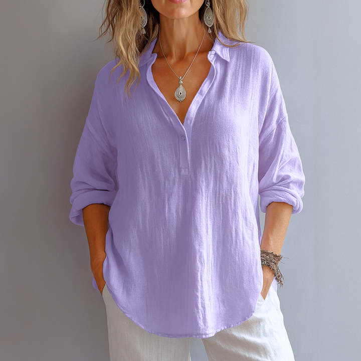 Lavender linen blouse with collared V-neck and oversized silhouette