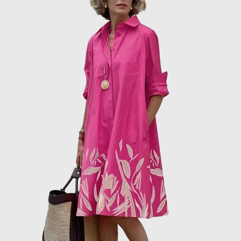 Hot pink shirt dress with floral leaf print at hem
