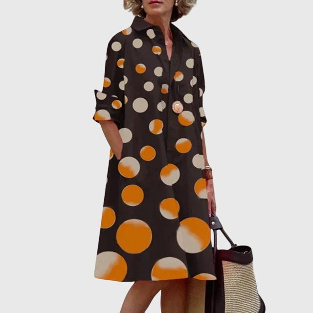 Brown shirt dress with orange and cream polka dot print
