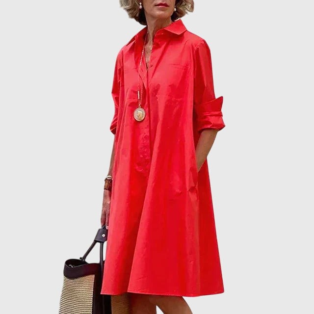 Red collared shirt dress with rolled sleeves and side pockets