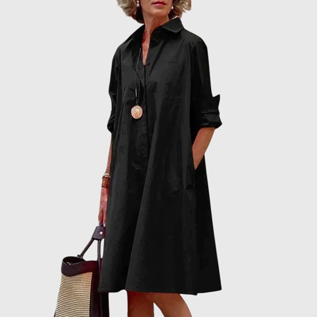 Black collared shirt dress with three-quarter rolled sleeves