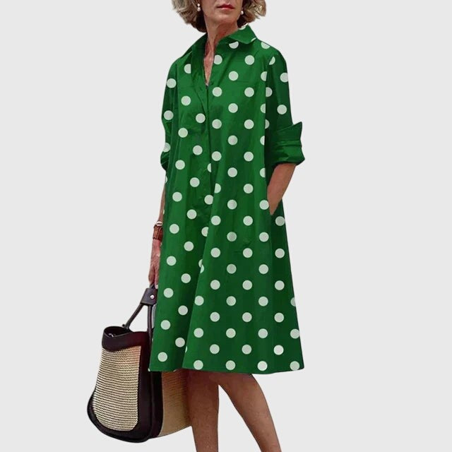 Green polka dot shirt dress with rolled sleeves and collar