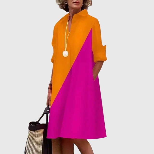 Orange and pink color-block shirt dress with rolled sleeves