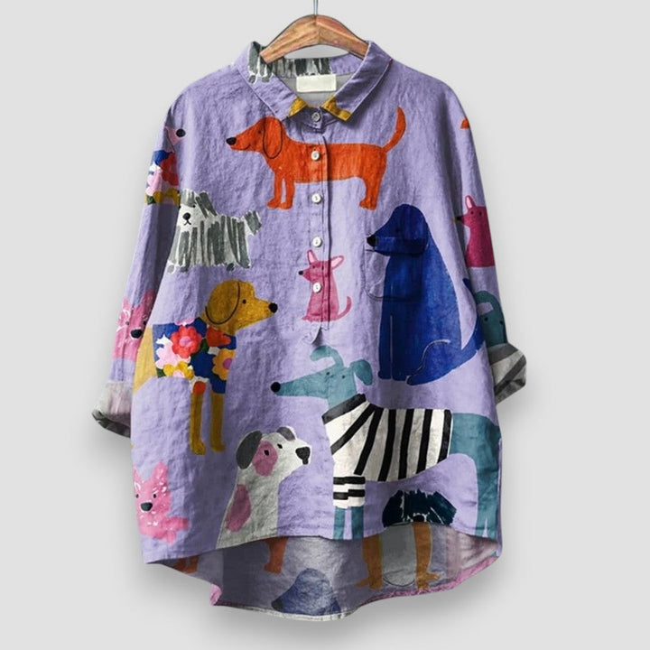 Purple oversized shirt with colorful cartoon dog print and long sleeves