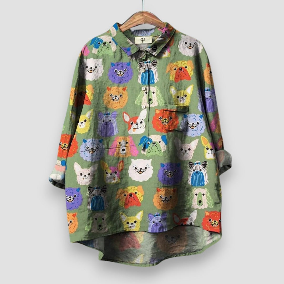 Olive green cotton shirt with allover cartoon dog and cat face print