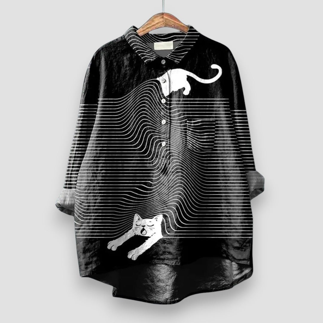 Black long-sleeve shirt with white striped optical illusion cat design