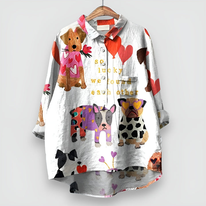 White oversized shirt with playful dog prints and heart Valentine motifs