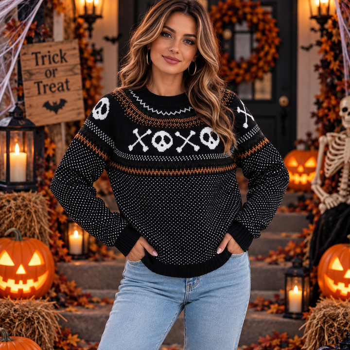 Woman wearing black skull crossbone Fair Isle Halloween sweater on decorated porch