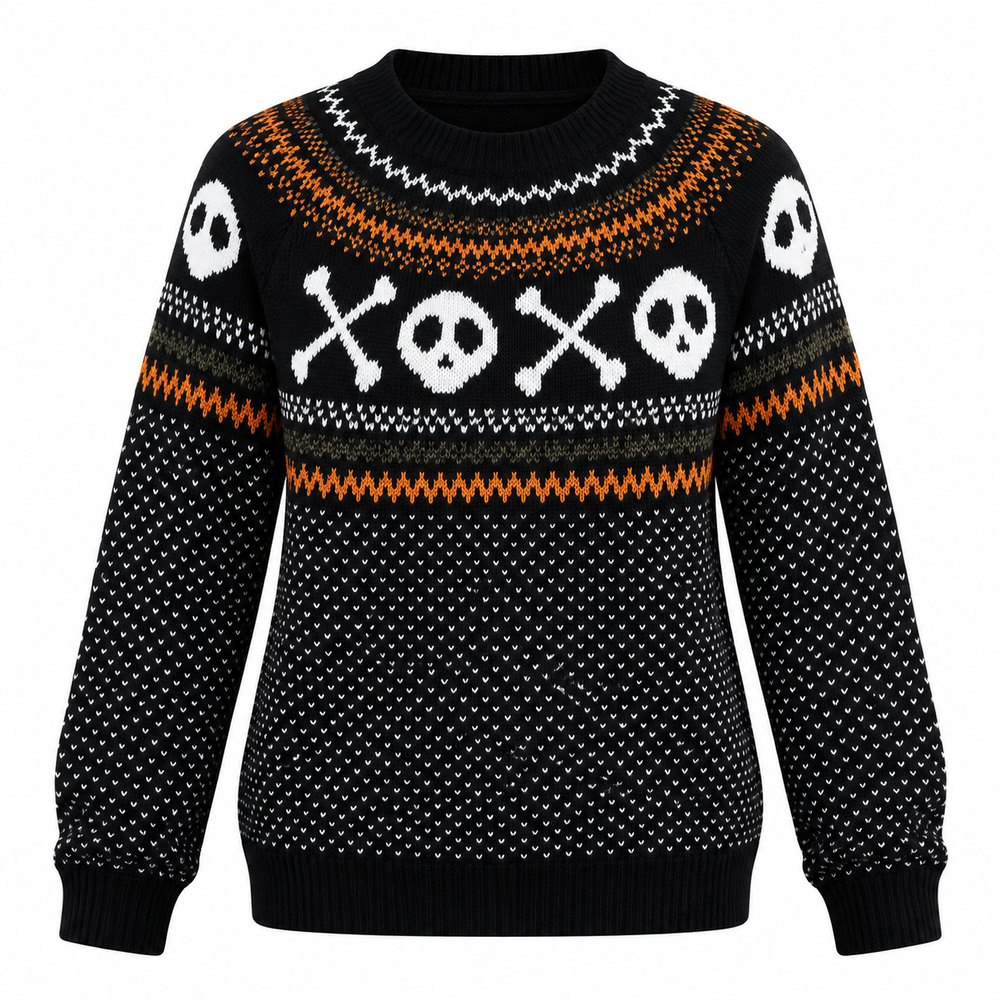 Black crew neck Halloween sweater with skull crossbone knit pattern, flat lay view