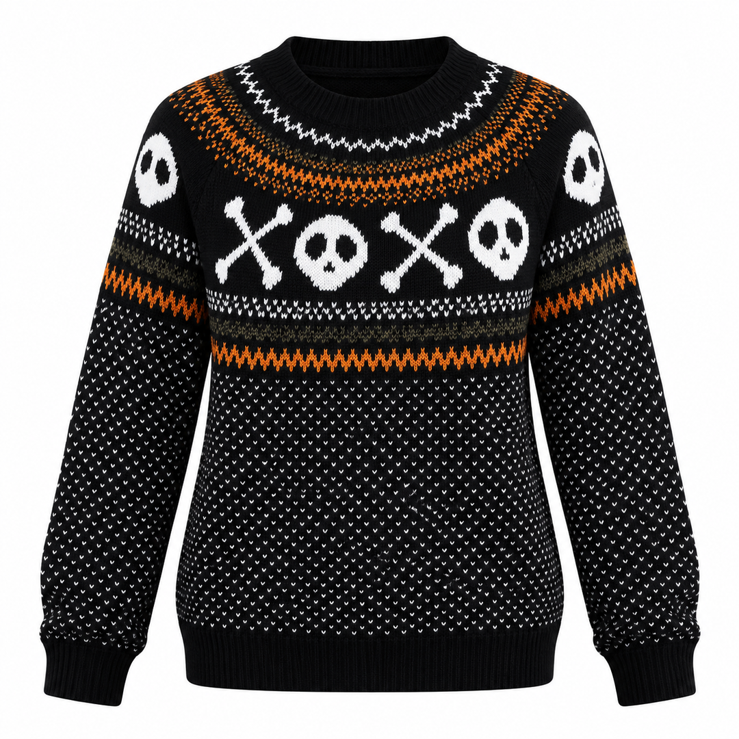 Black crew neck Halloween sweater with skull crossbone knit pattern, flat lay view