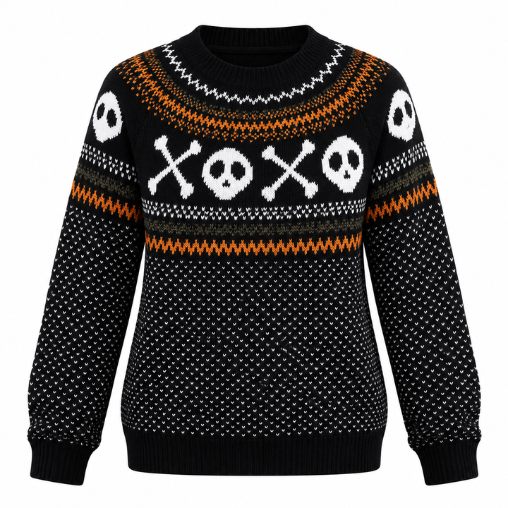 Black crew neck Halloween sweater with skull crossbone knit pattern, flat lay view