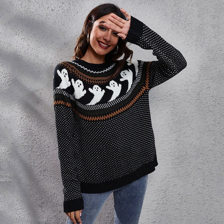 Woman smiling in black ghost print Fair Isle crew neck Halloween sweater