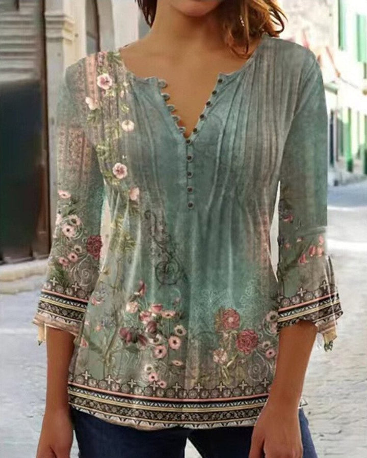 Sage green vintage floral henley blouse with bohemian border print