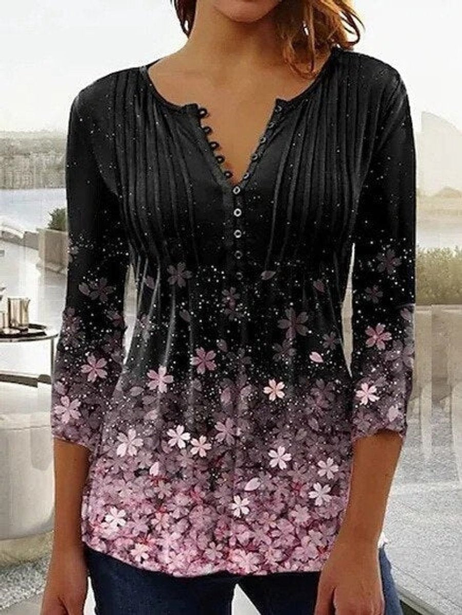 Black ombre floral henley blouse with three-quarter sleeves