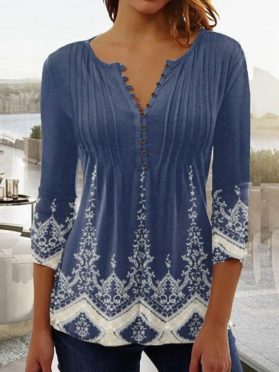 Blue henley blouse with white paisley border print and bell sleeves