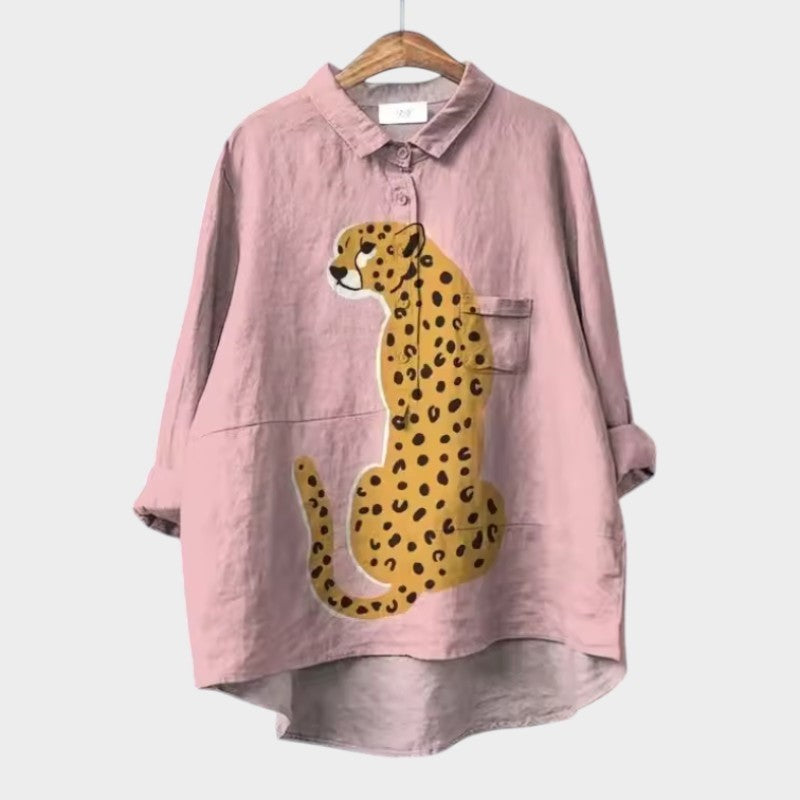 Dusty pink oversized blouse with a hand-painted cheetah graphic and chest pocket