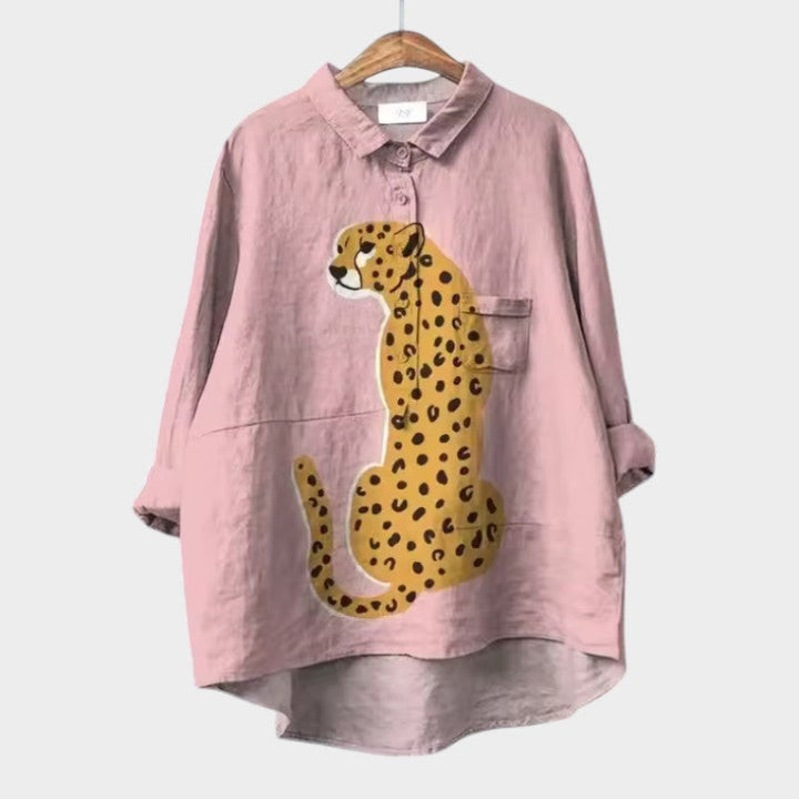 Dusty pink oversized blouse with a hand-painted cheetah graphic and chest pocket