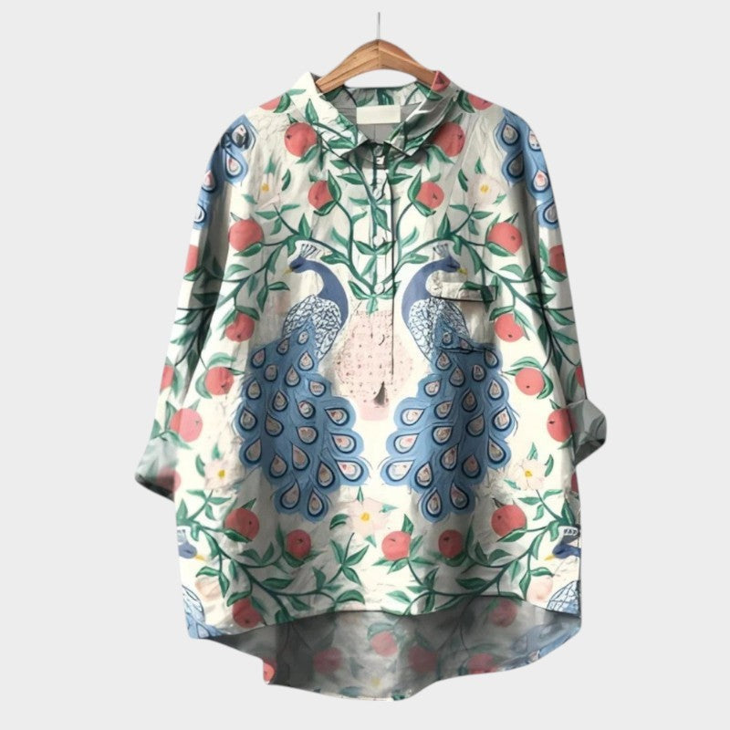 Cream high-low blouse with mirrored peacock and pomegranate botanical print