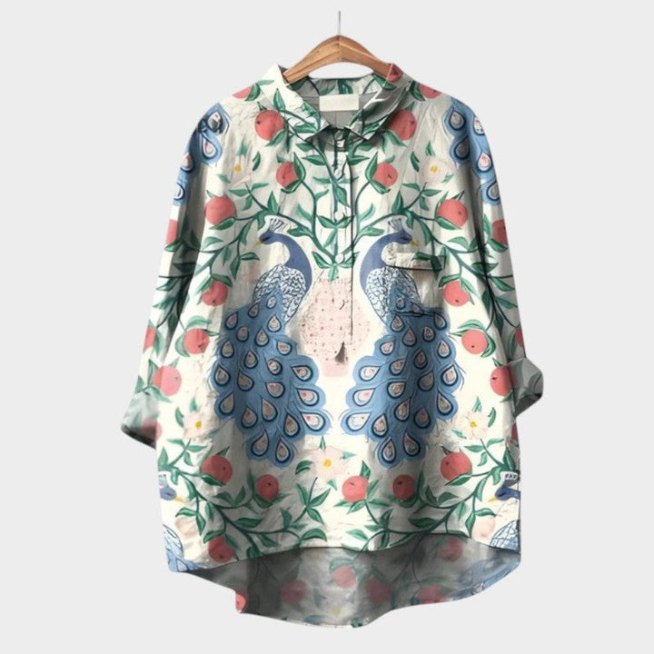 Cream high-low blouse with mirrored peacock and pomegranate botanical print