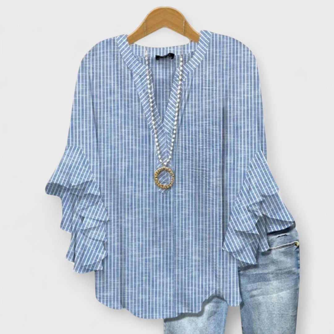 Blue pinstripe blouse with V-neck and ruffled bell sleeves