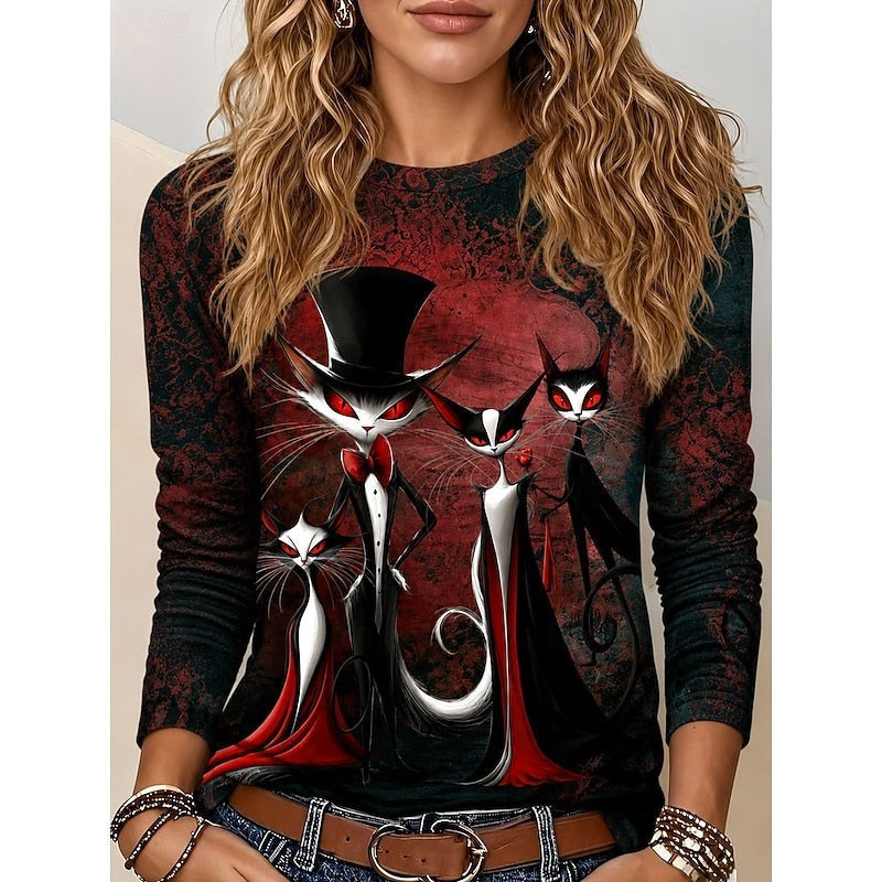 long-sleeve crew-neck top with red and black gothic cat print