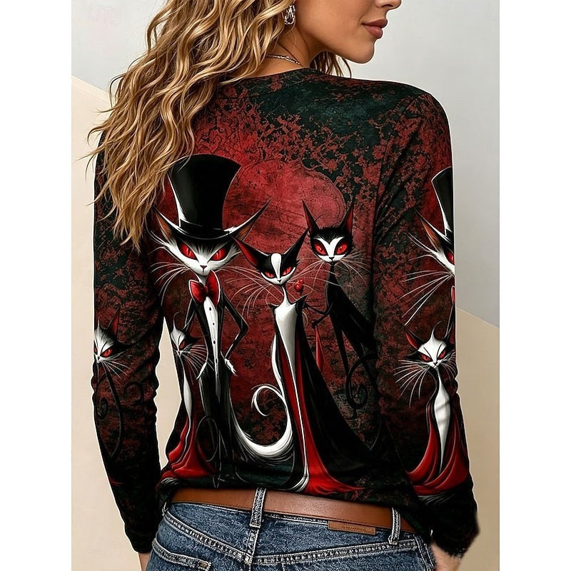 back view of red and black long-sleeve top with cat graphic