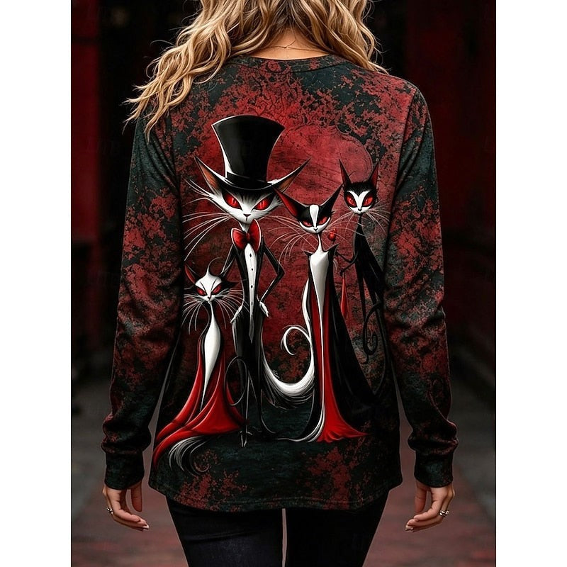 gothic cat print long-sleeve top shown from behind in red tones