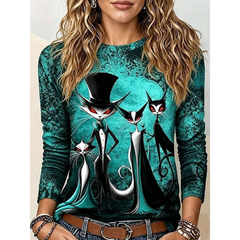 teal long-sleeve crew-neck top featuring Halloween cat family design
