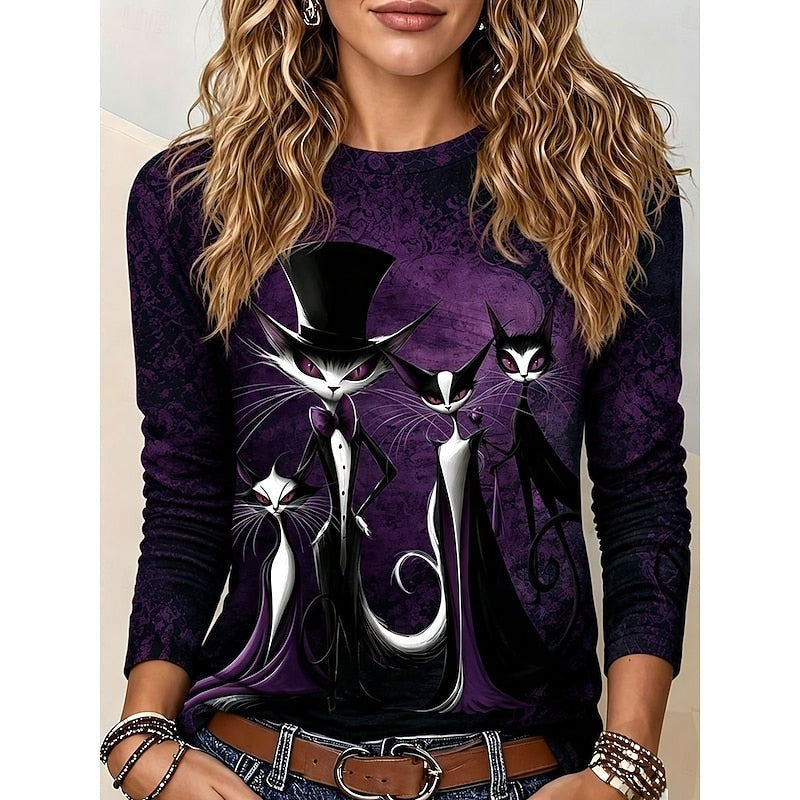 purple long-sleeve top with gothic cat print and crew neckline