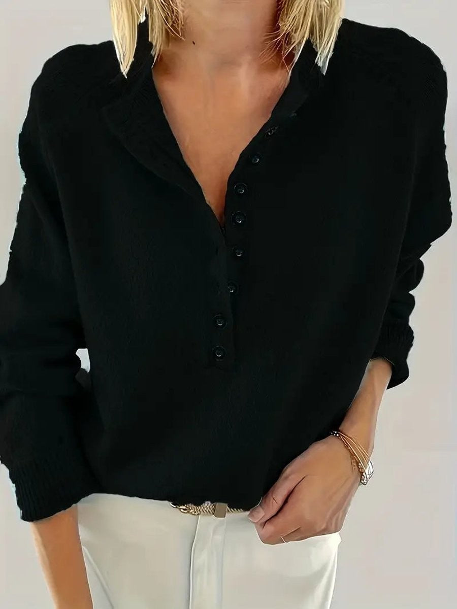 Black knit jumper with button-front V-neck and long sleeves