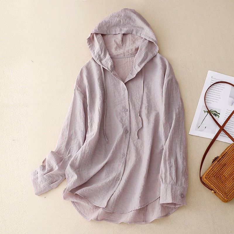 Dusty pink linen hooded button-up shirt with drawstring detail