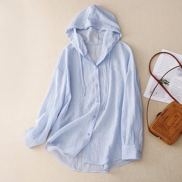 Light blue lightweight linen hoodie with button placket and drawstring hood