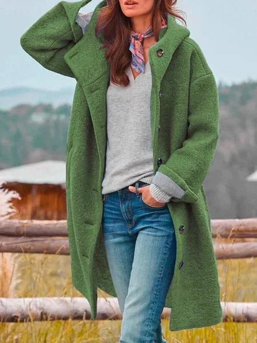 Green long hooded button-front fleece coat styled with jeans and scarf