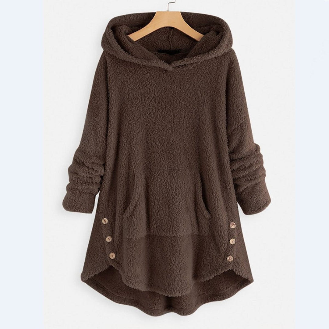 Brown fuzzy pullover hoodie with kangaroo pocket and button trim