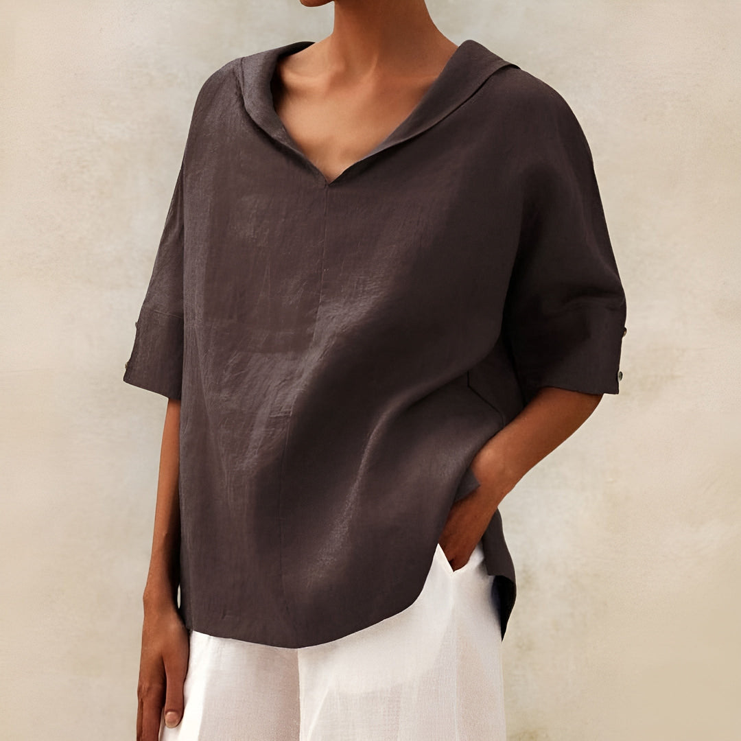 Charcoal gray oversized blouse featuring a relaxed V-neck collar