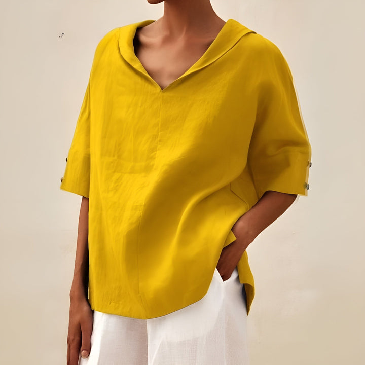 Mustard yellow oversized linen blouse with collared V-neckline